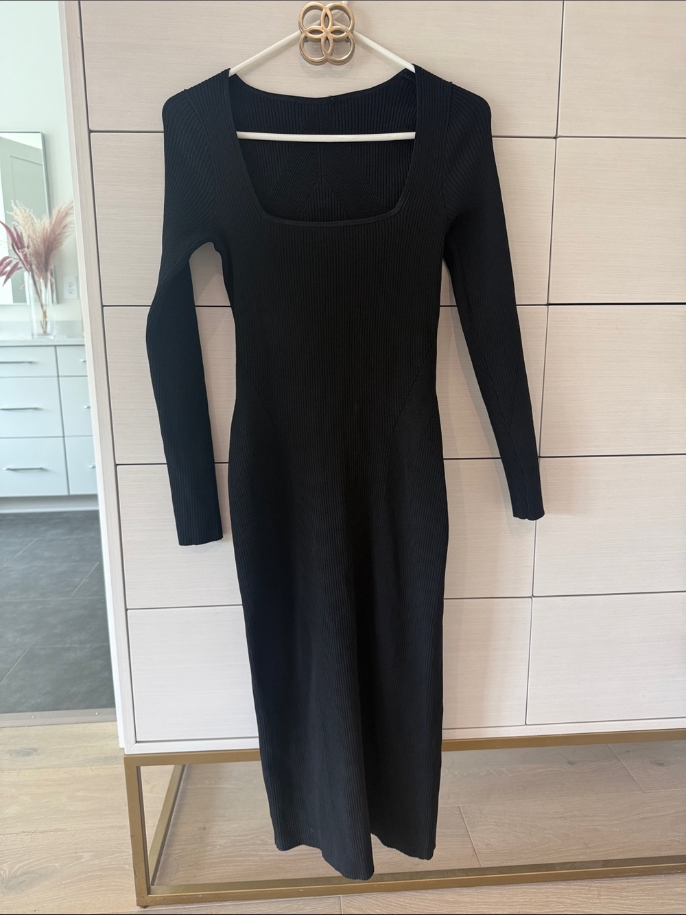 rag & bone Black Ribbed Square-Neck Long Sleeve Midi Dress